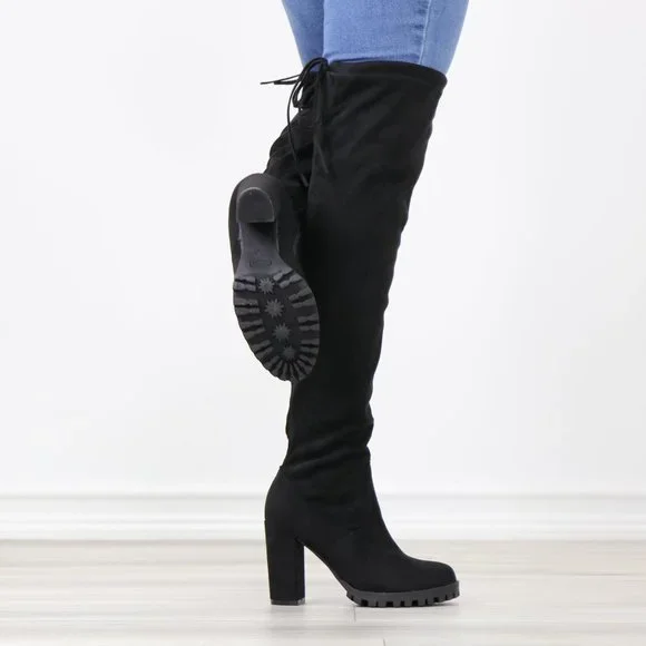 Black Thigh High Boots Over The Knee Block Lug High Heel Faux Suede Round Toe - Picture 8 of 13